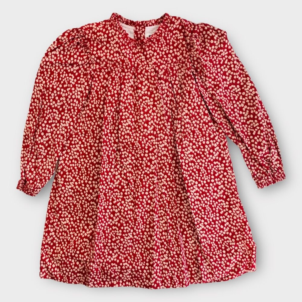 G09-Busy Bees, 5Y, l/s cotton dress, Red/Cream Floral